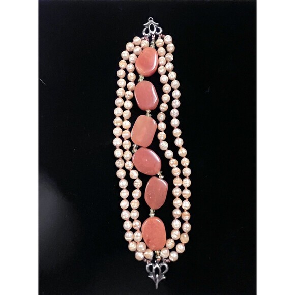 Vintage Victorian Revival Coral Agate Beaded Bracelet Chunky - Picture 2 of 12